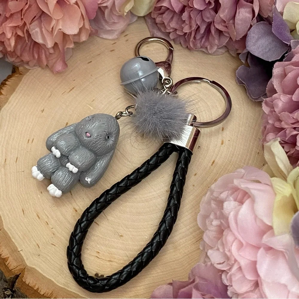 Gray Bunny Charm Keychain with Wristlet Strap - Picture 6 of 13